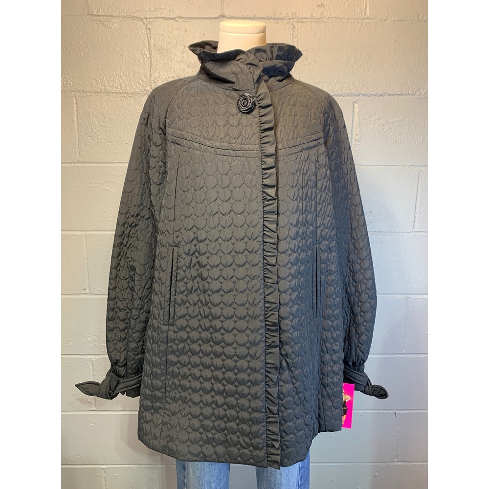 New Betsey Johnson Women's Black Quilted Ruffle Trim Jacket Rose Button XL